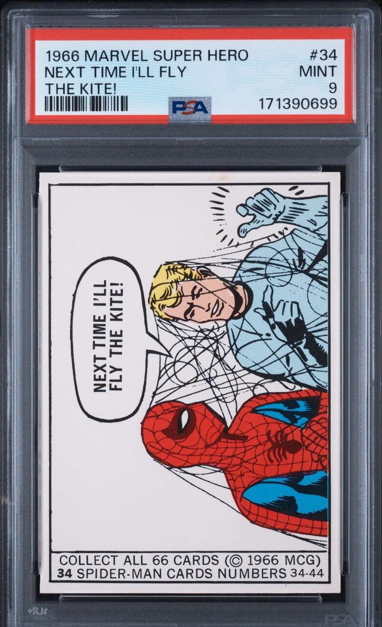 The PSA 9 that sold for $175,100: Spider-Man webs the Human Torch's face shut under the caption Next Time I'll Fly the Kite
