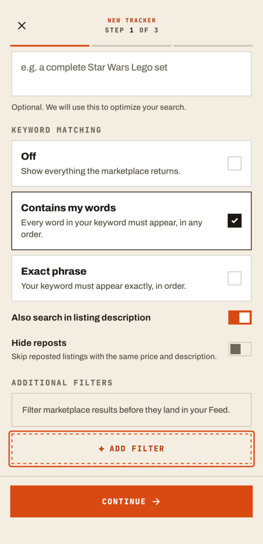 The GrailHound app's New filter sheet, with AI check at the bottom of the list
