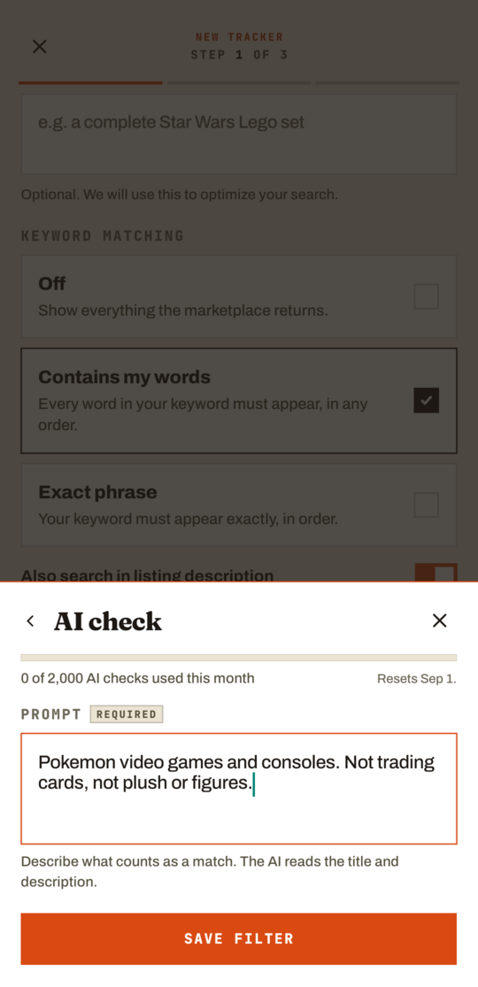 The GrailHound app's AI check form, with a prompt describing which Pokemon listings count as a match