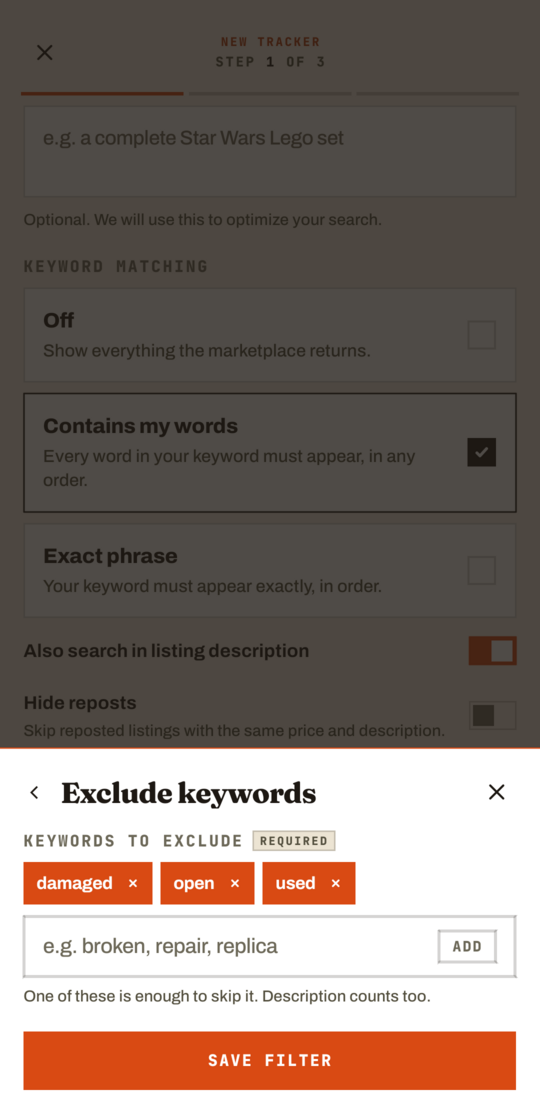 The GrailHound app's Exclude keywords editor, holding damaged, open and used