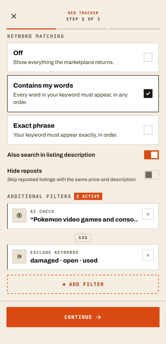 The GrailHound app's filter list with two filters active: the AI check and an exclude-keywords list of damaged, open and used