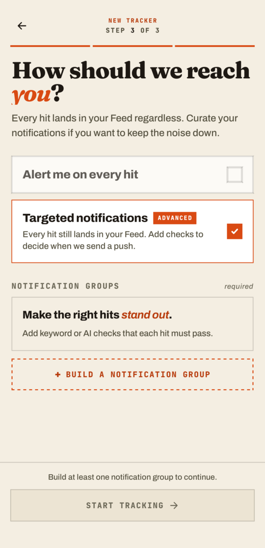 The GrailHound app's Alerts step with Targeted notifications selected over Alert me on every hit