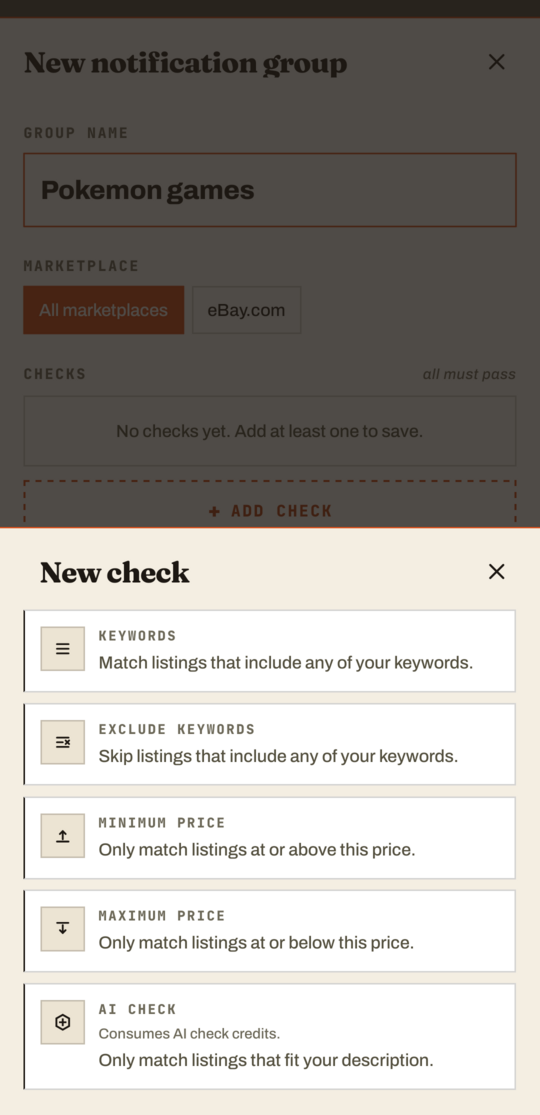 The GrailHound app's New check picker, open over a new notification group, with AI check at the bottom of the list
