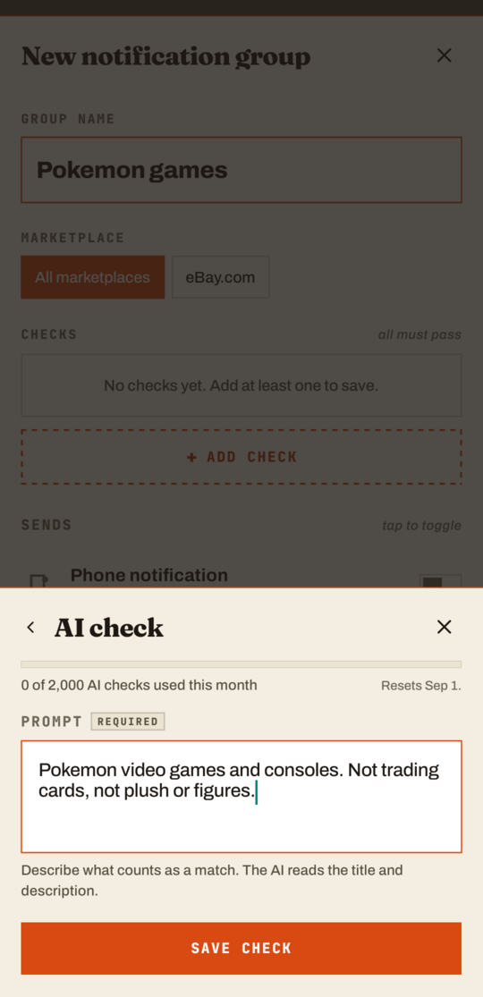 The GrailHound app's AI check form inside a notification group, with a prompt describing which Pokemon listings count as a match