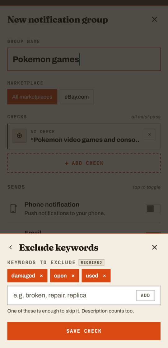 The GrailHound app's Exclude keywords editor inside the notification group, holding damaged, open and used