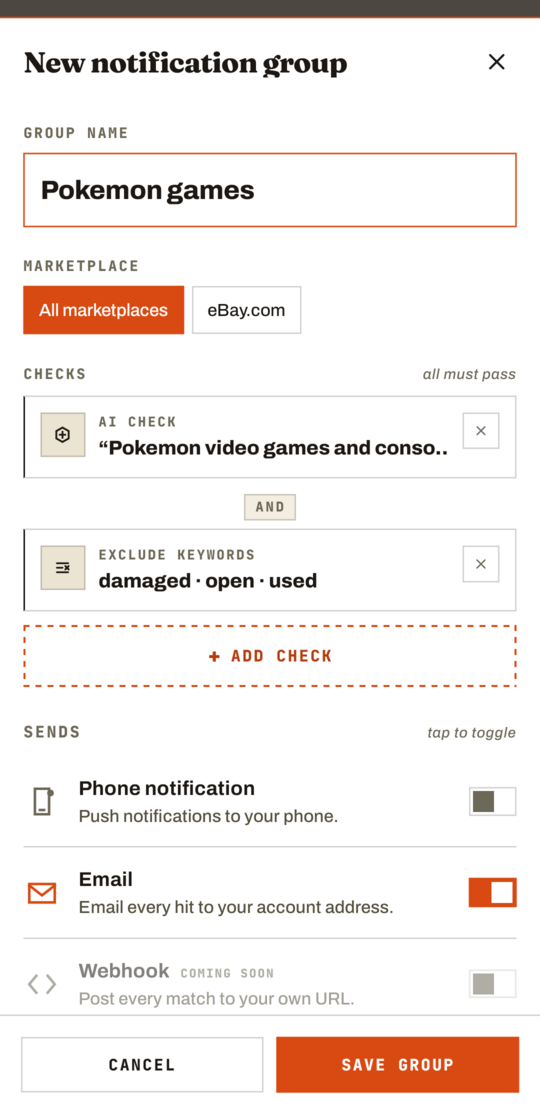 The finished notification group in the GrailHound app: an AI check AND an exclude-keywords list, sending to email