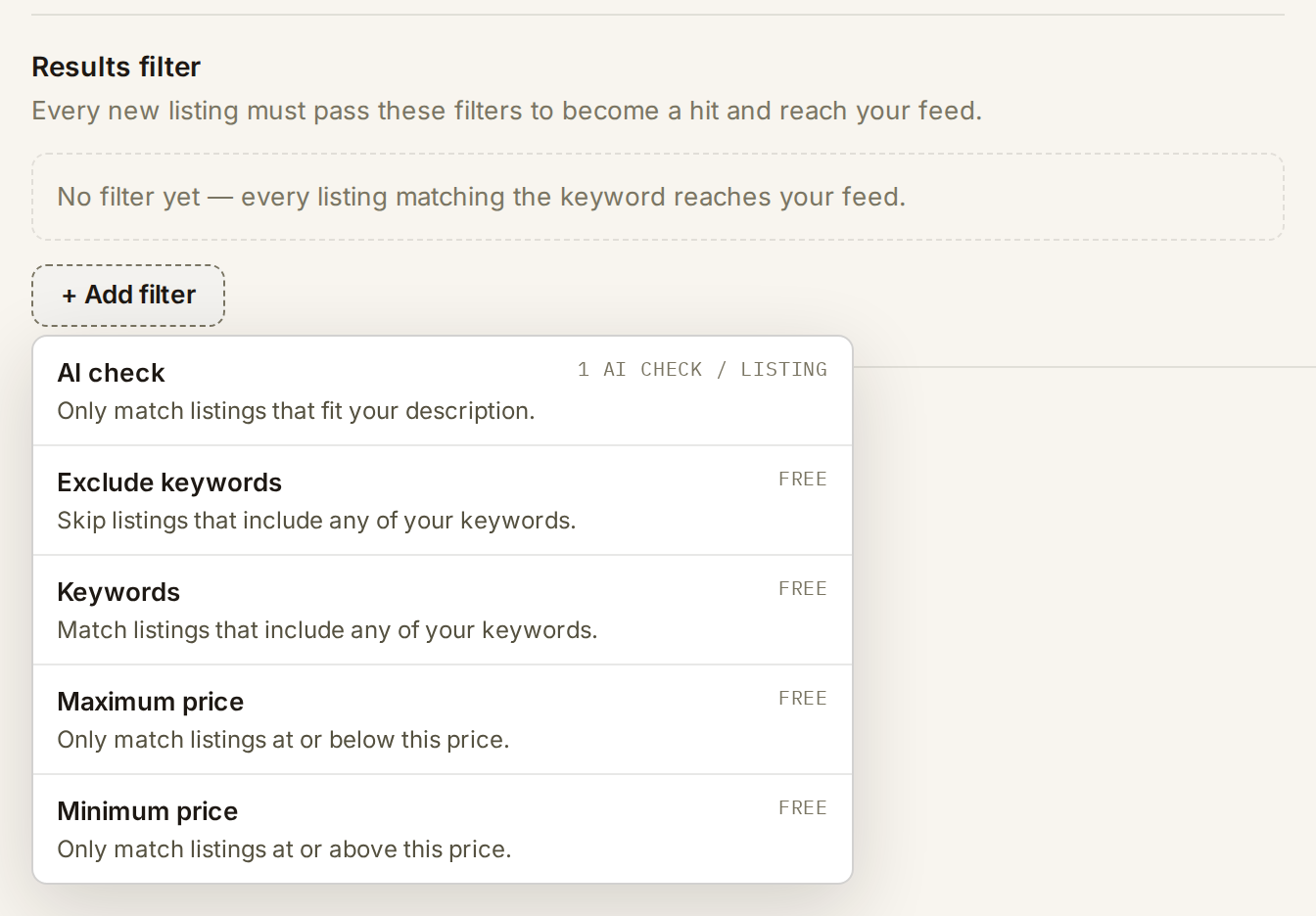 The web tracker wizard's results filter, with the Add check list open on AI check