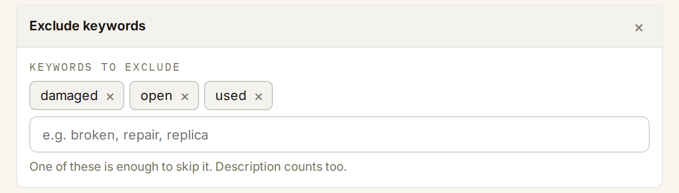 The same editor on the web: an Exclude keywords card with damaged, open and used entered as chips