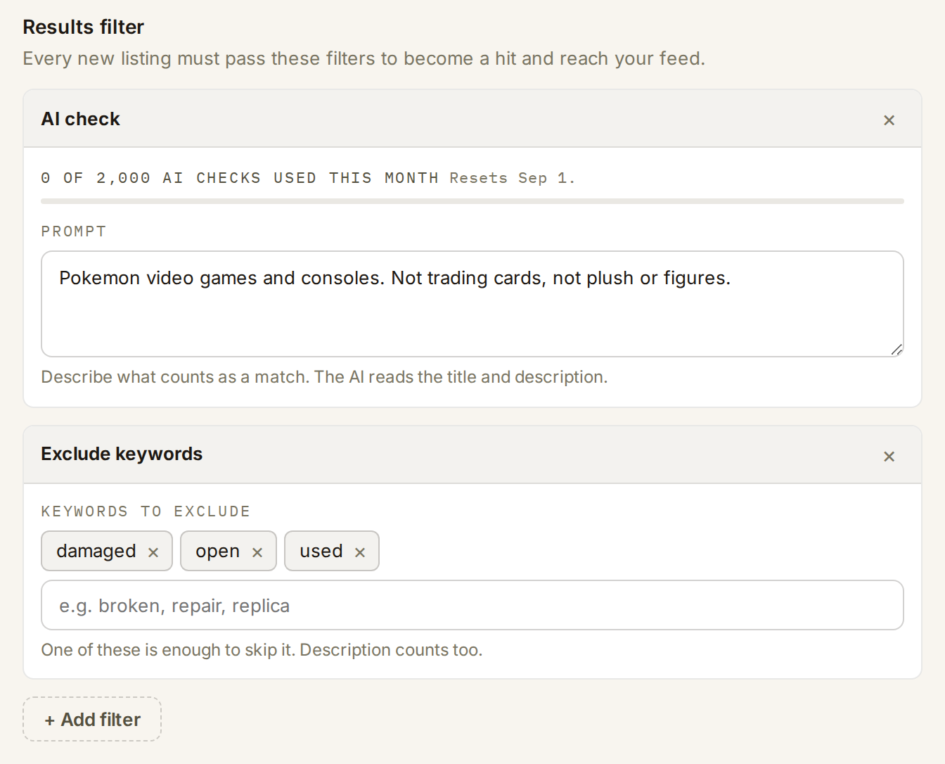 The same pair on the web: the AI check card above an Exclude keywords card holding damaged, open and used