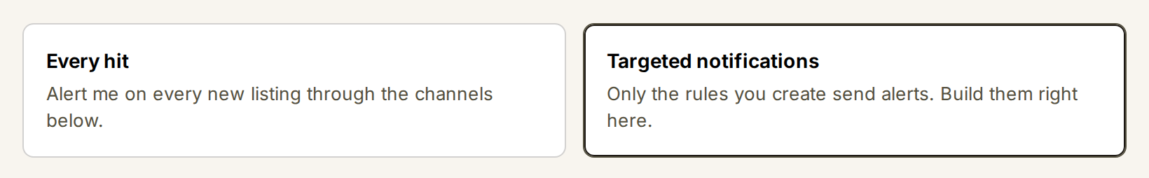 The web wizard's two alert modes, Targeted notifications picked instead of Every hit