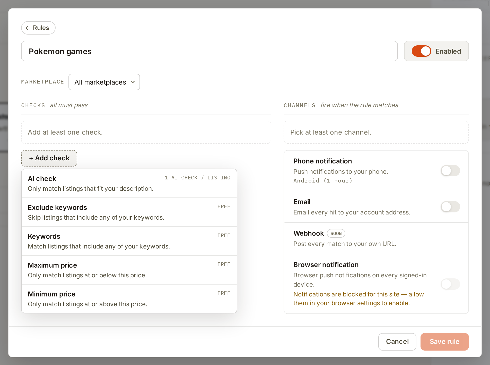 The web rule editor with the Add check list open on AI check, beside the rule's channels