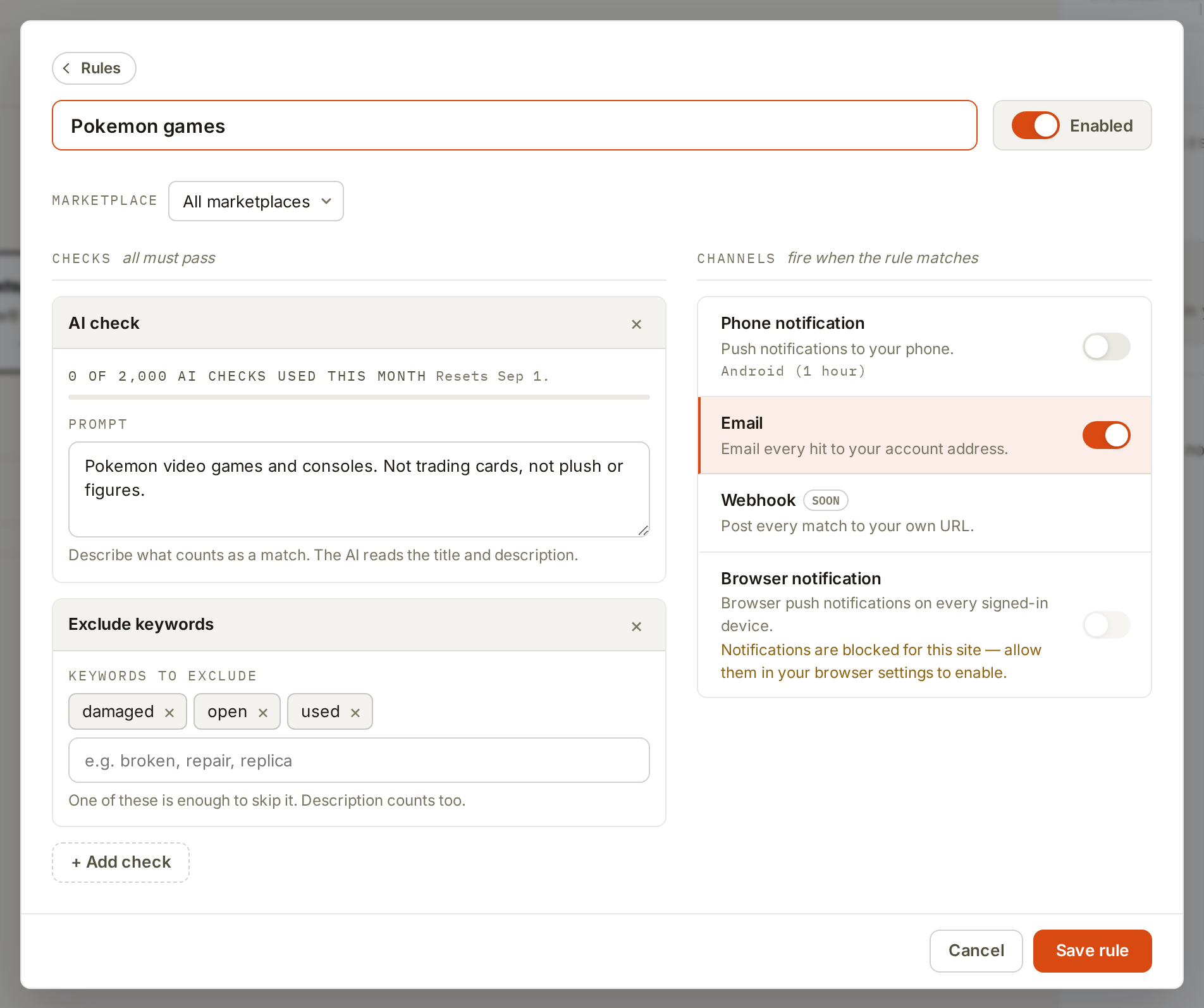 The same rule on the web: both checks in the checks column, email switched on in the channels column