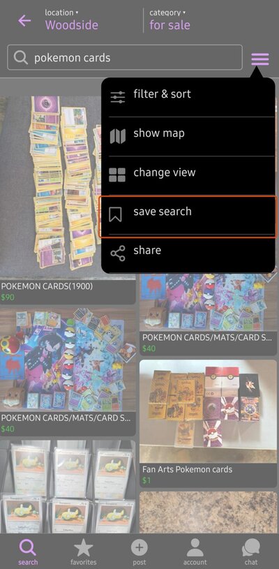 Craigslist app menu open with the save search option highlighted