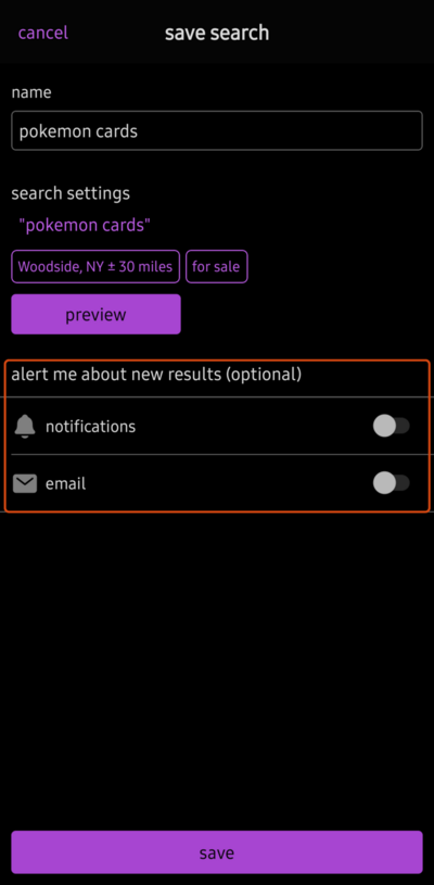 Craigslist app save search screen with the notifications and email switches highlighted