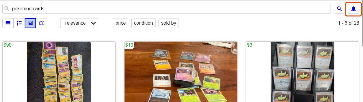 Craigslist search results with the save bell to the right of the search box highlighted