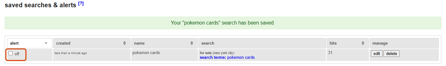 Craigslist saved searches and alerts page with the new search’s alert checkbox highlighted, still off