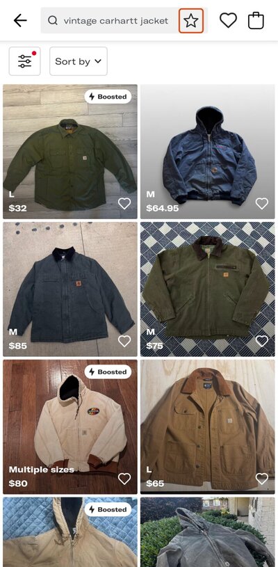 Depop app search results for vintage carhartt jacket, the star at the end of the search bar highlighted