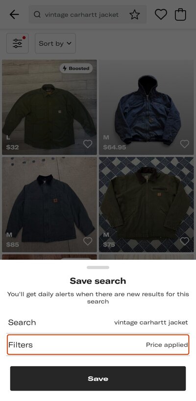 Depop app save screen showing the search name and the filters that will be saved with it