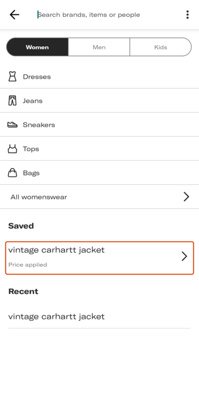 Depop app search screen with the saved search listed under a Saved heading