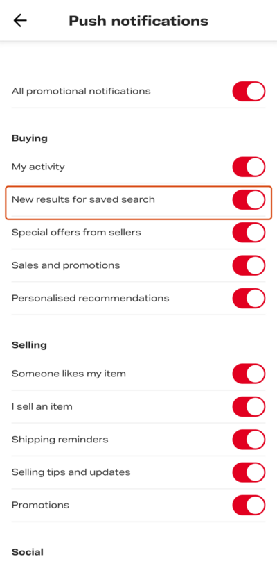 Depop app push notification settings with the New results for saved search switch highlighted