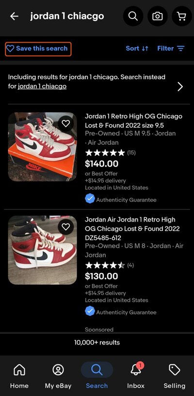 eBay Android app search results with the Save this search button highlighted
