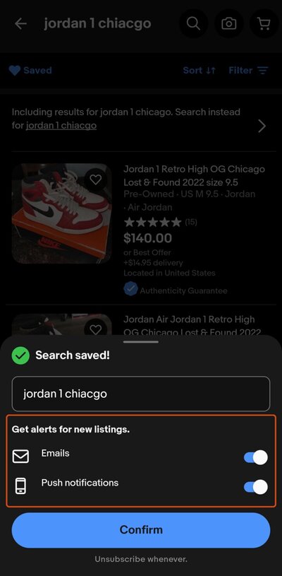eBay app Search saved sheet with toggles for email and push notification alerts