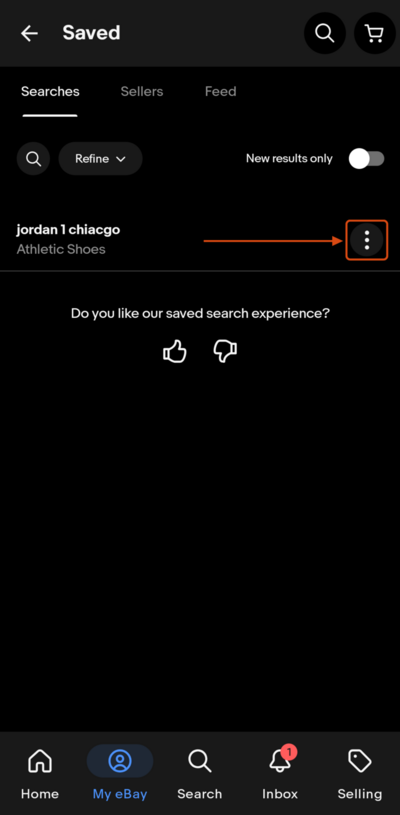 eBay app Saved screen listing a saved search with its three-dot menu highlighted