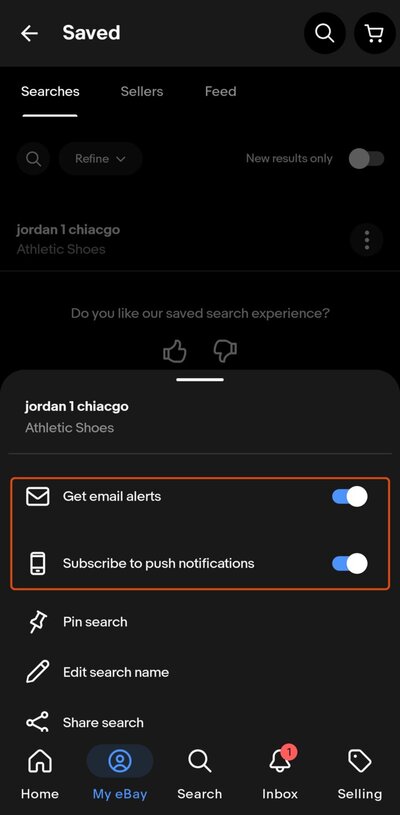 eBay app per-search settings sheet with separate email and push notification toggles