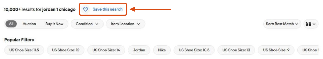 eBay search results with the Save this search button highlighted next to the results count