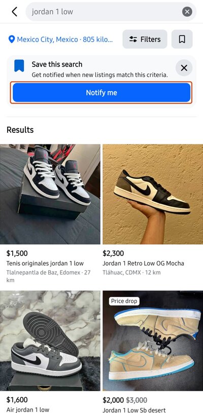 Facebook Marketplace app search results with the Notify me button highlighted in the Save this search box