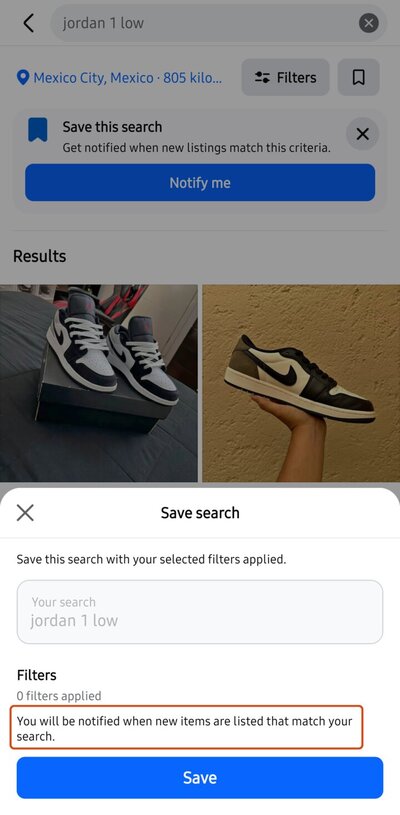Facebook Marketplace Save search window with the notification message highlighted above the Save button