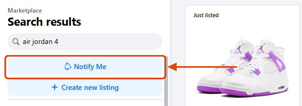 Facebook Marketplace desktop search results with the Notify Me button on the left above the filters