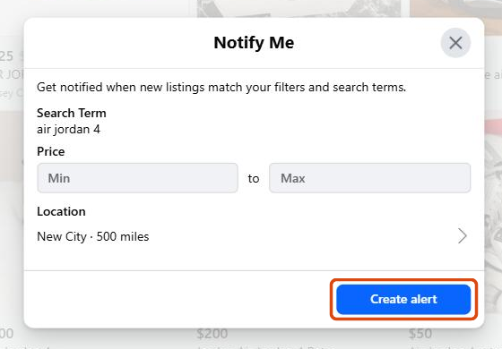 The Notify Me box on desktop with search term, price range and location fields and the Create alert button
