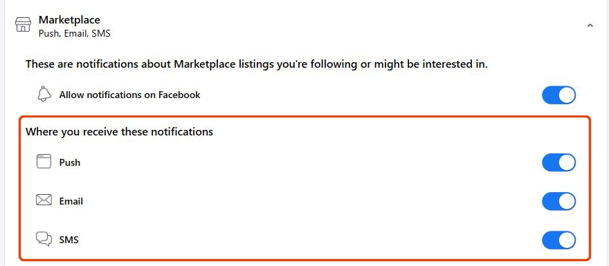 Facebook notification settings with Marketplace expanded showing Push, Email and SMS switches