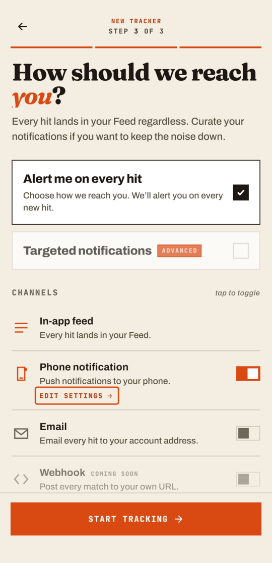 The GrailHound app's channel list with Phone notification on and Edit settings highlighted