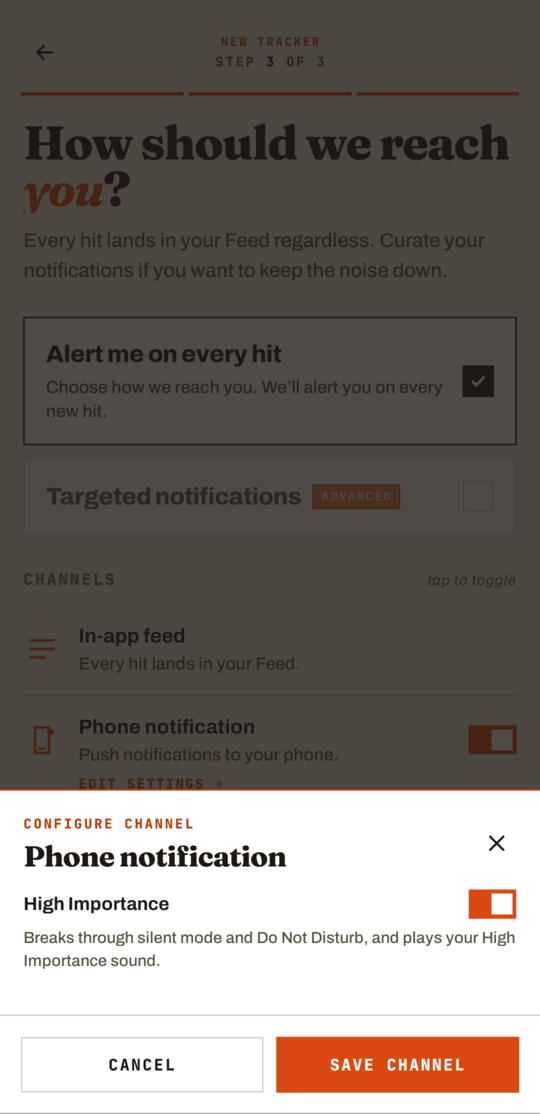 The GrailHound app's Phone notification sheet with the High Importance toggle switched on