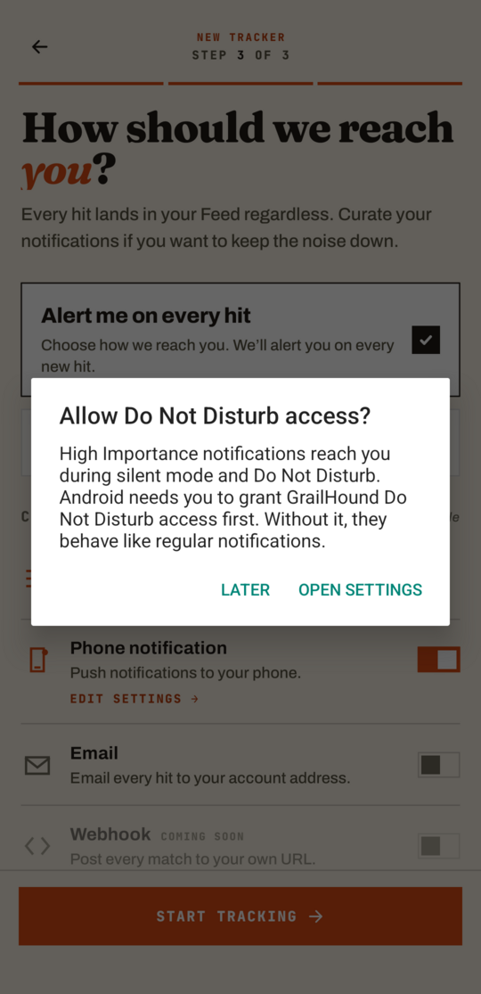 Android's Allow Do Not Disturb access prompt, with Later and Open settings