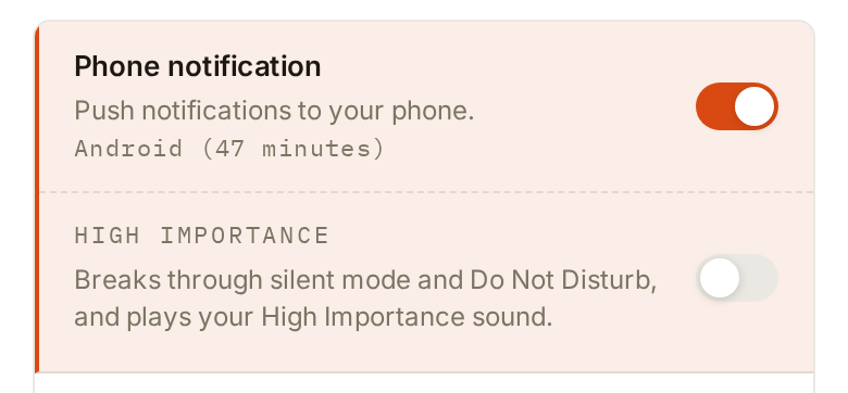 The web rule editor's Phone notification channel switched on, naming the connected Android device
