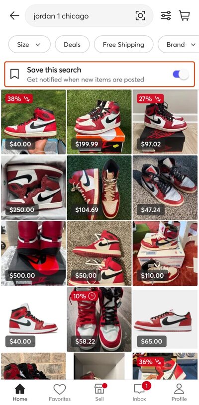 Mercari app search results with the Save this search switch highlighted