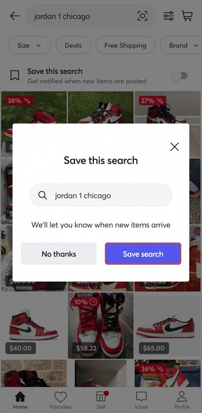 Mercari app save window with the Save search button highlighted