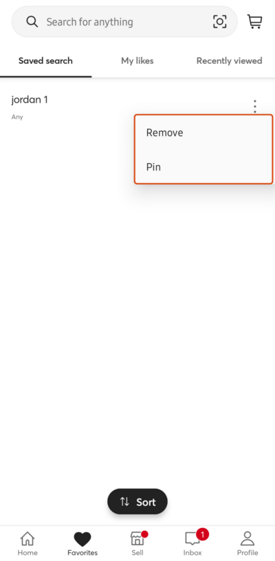 Mercari app saved search menu open with Remove and Pin