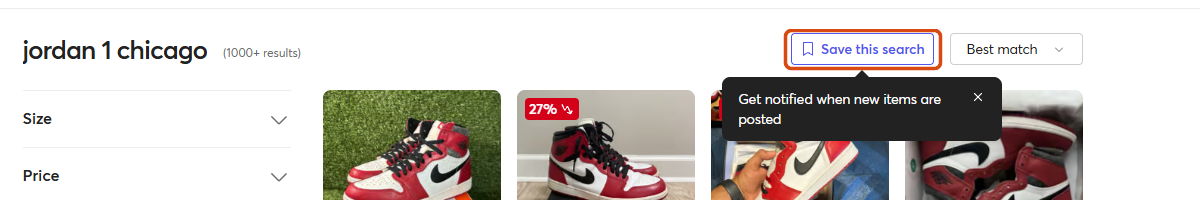 Mercari search results with the Save this search button highlighted and a note reading Get notified when new items are posted