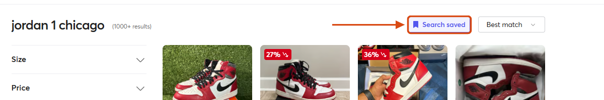 Mercari search results after saving, with the Search saved button highlighted