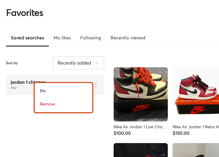 Mercari Favorites page with a saved search’s menu open, showing Pin and Remove