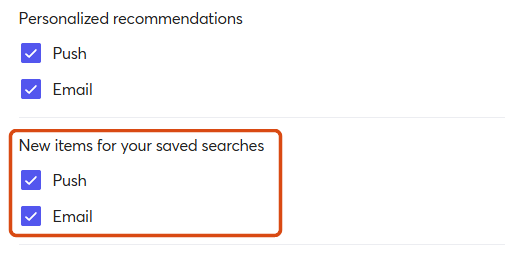 Mercari notification settings with the New items for your saved searches row highlighted, Push and Email both ticked