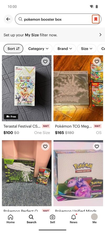 Poshmark app search results after saving, the bookmark icon filled in red