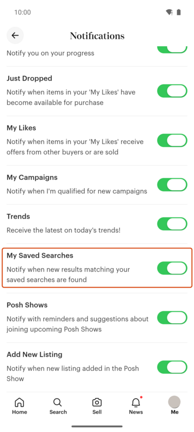 Poshmark app notification settings with the My Saved Searches switch highlighted
