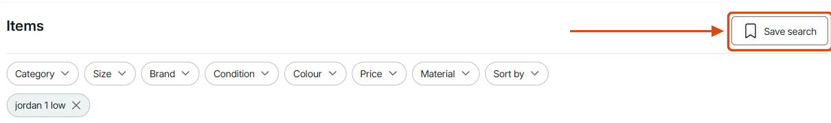 Vinted search results for jordan 1 low with the Save search button highlighted