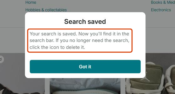Vinted Search saved window with its body text highlighted, promising only that the search appears in the search bar