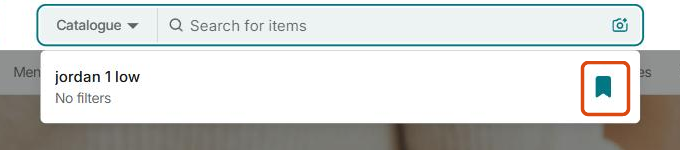 Vinted search bar list with a saved search marked by a filled bookmark icon
